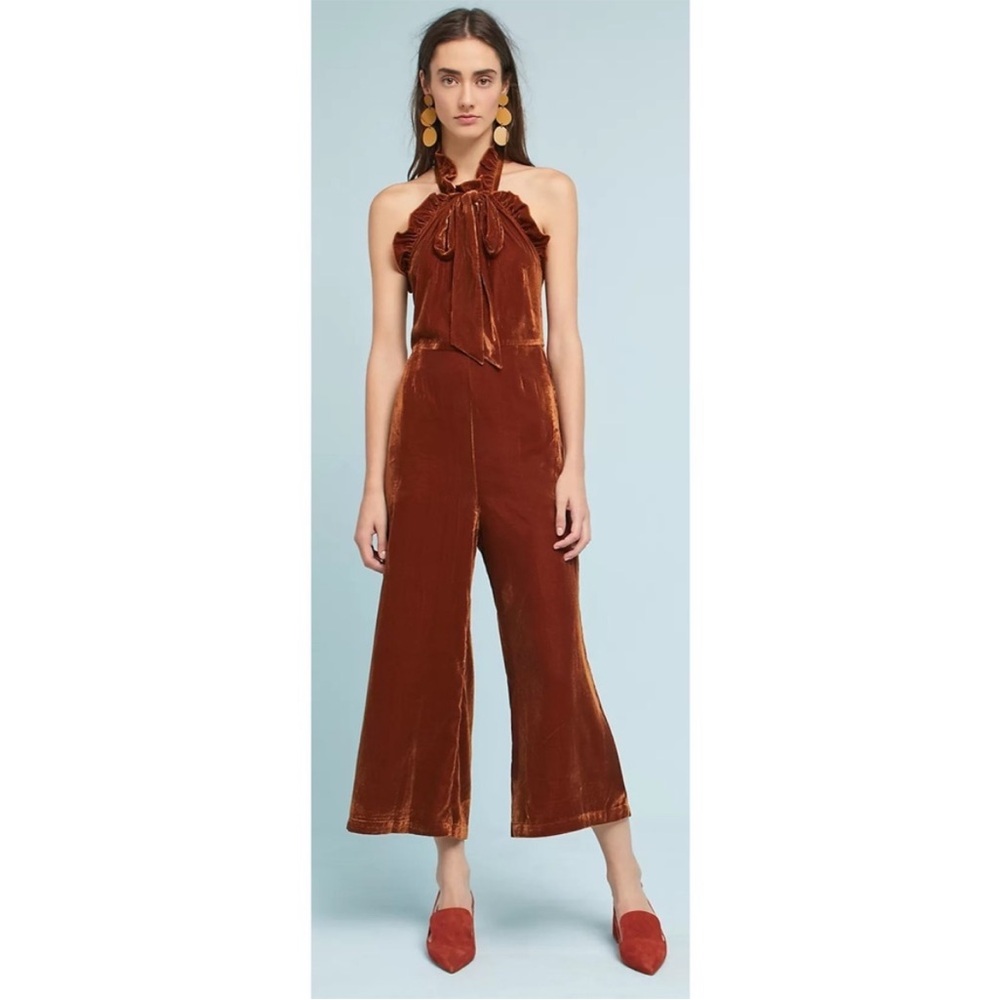 Anthropologie Kristinit crushed velvet halter jumpsuit XS bronze